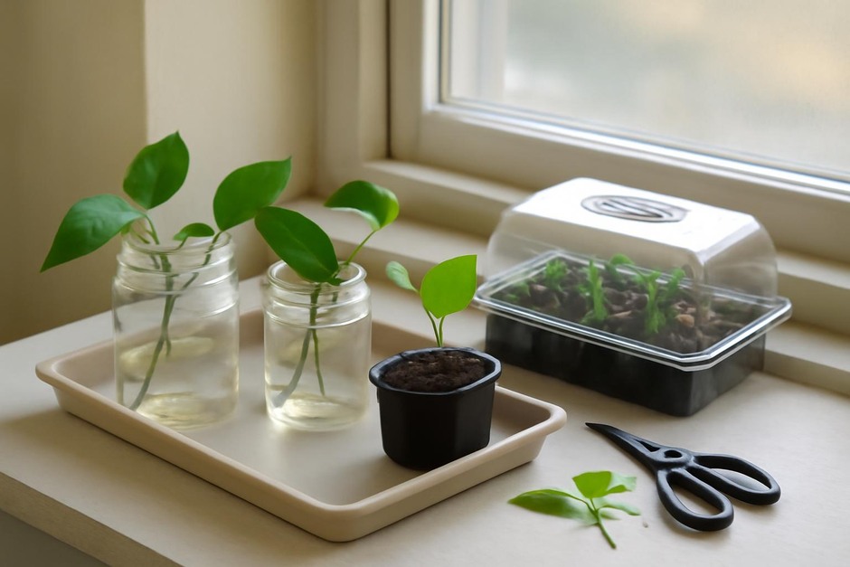 Small windowsill propagation station with jars and trays of cuttings