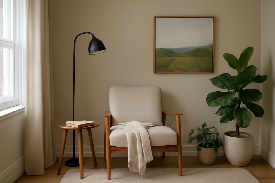 Cozy reading nook with chair, blanket, lamp and plants