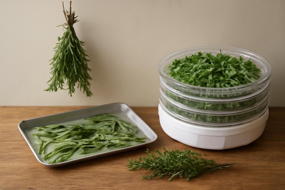 Three methods of drying herbs: bunches, oven tray, and dehydrator trays