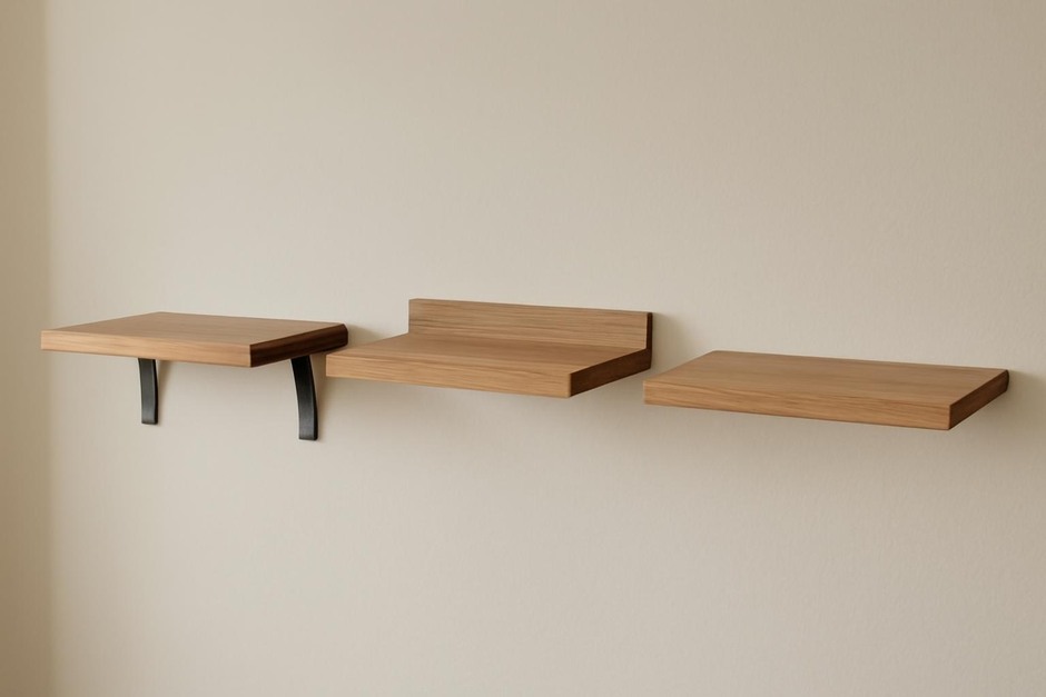 Three types of floating shelf mounts side by side