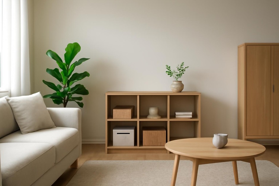 Neat small living room with a plant and simple storage