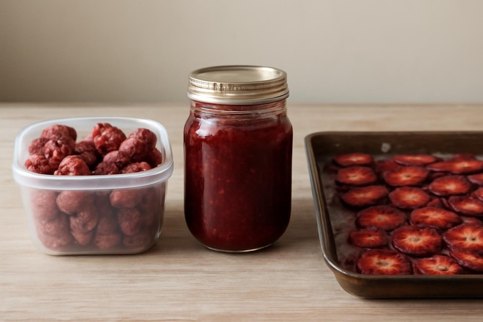 A jar of homemade jam, a container of frozen raspberries, and a tray of oven-dried strawberries
