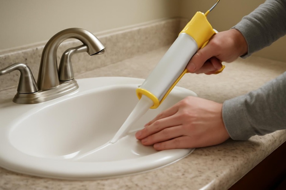 Applying caulk to the seam between a bathroom sink and countertop