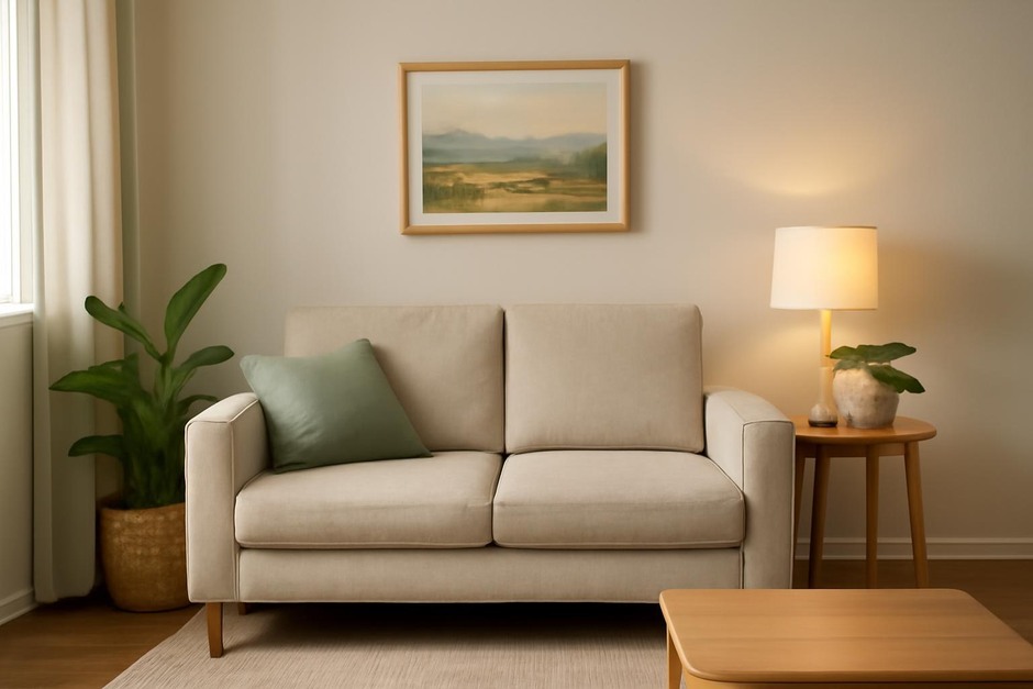 A tidy small living room with a throw pillow, plant, and soft lighting