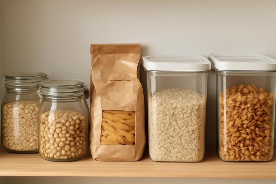 Close-up of glass jars and airtight bins on a kitchen pantry shelf