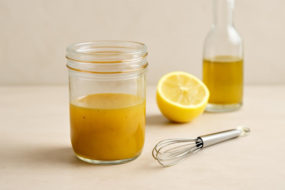 Jar of vinaigrette and a small whisk next to lemon and olive oil
