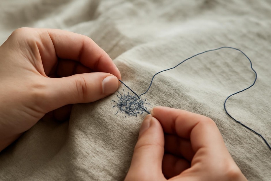 Close-up of hands mending fabric with a needle and thread
